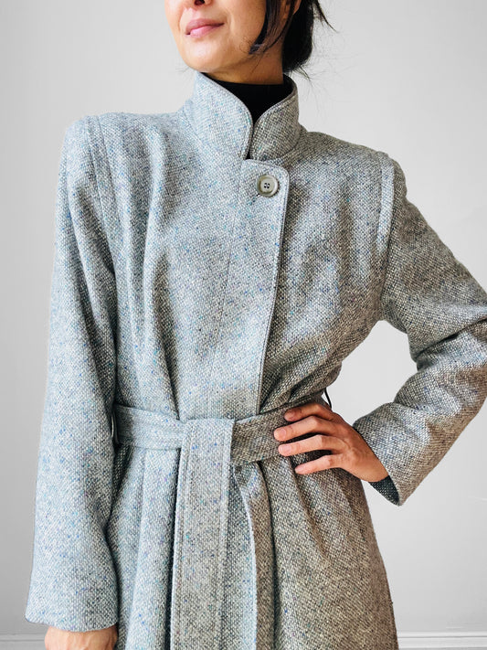 1970s - 1980s Slate Grey Mandarin Collar Wool Tweed Belted Coat - Sz. Sm
