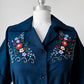 1960s Navy Blue Guazey Cotton Floral Embroidered Shirt - Sz. S/M