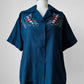 1960s Navy Blue Guazey Cotton Floral Embroidered Shirt - Sz. S/M
