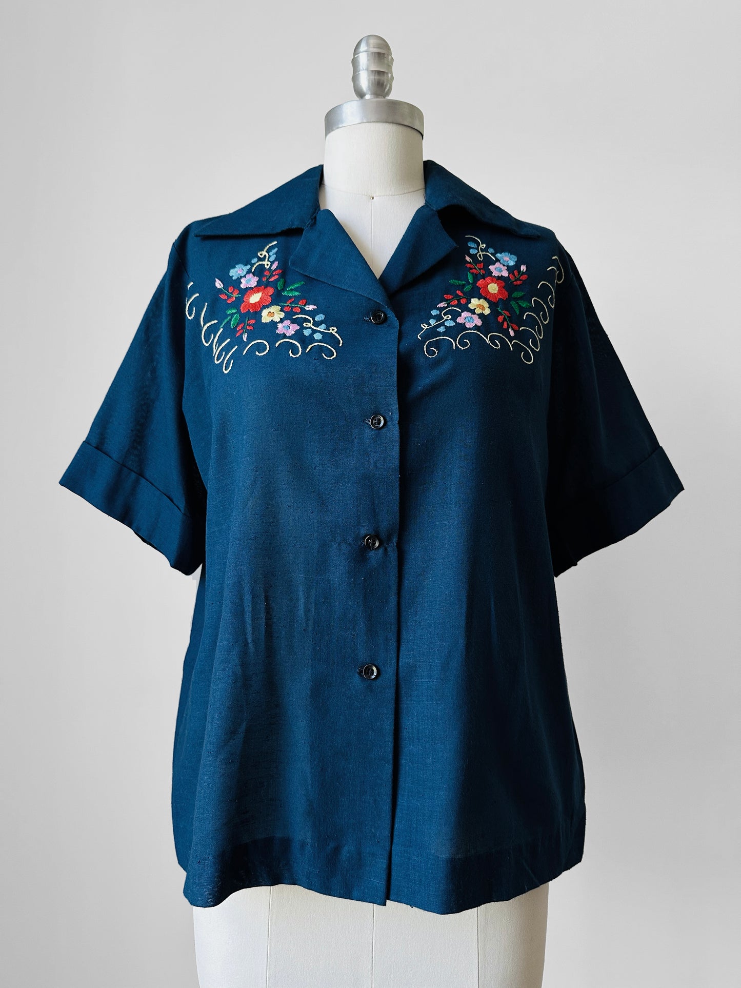 1960s Navy Blue Guazey Cotton Floral Embroidered Shirt - Sz. S/M