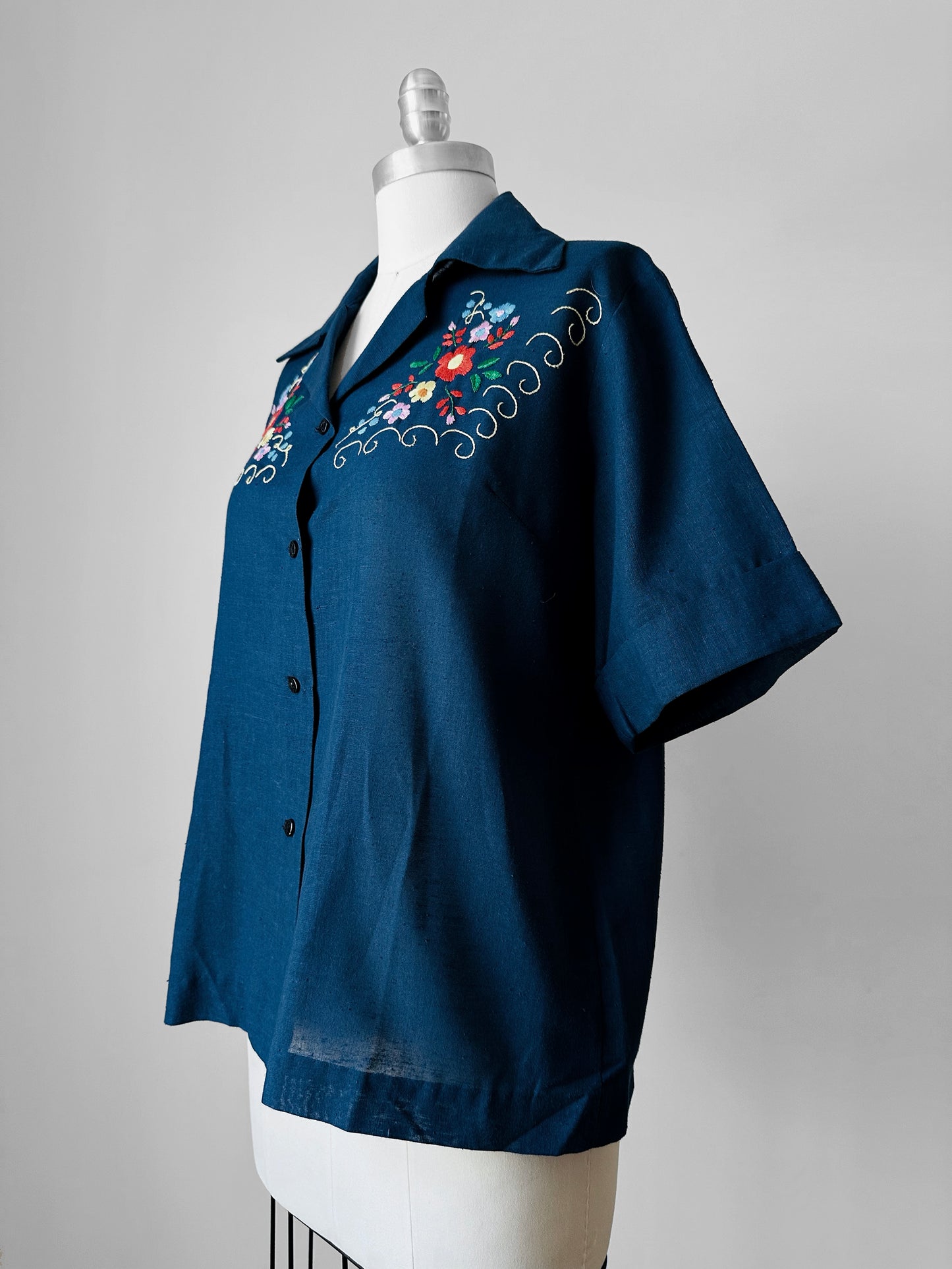 1960s Navy Blue Guazey Cotton Floral Embroidered Shirt - Sz. S/M