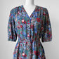 1960s Blue Red Floral Button Front Cotton Dress - Sz. Sm