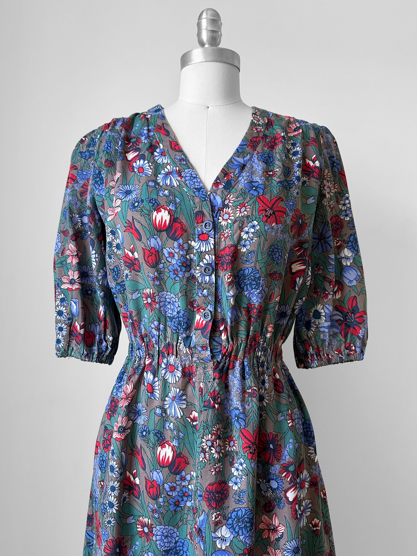 1960s Blue Red Floral Button Front Cotton Dress - Sz. Sm