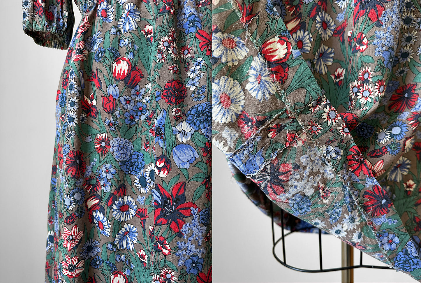 1960s Blue Red Floral Button Front Cotton Dress - Sz. Sm