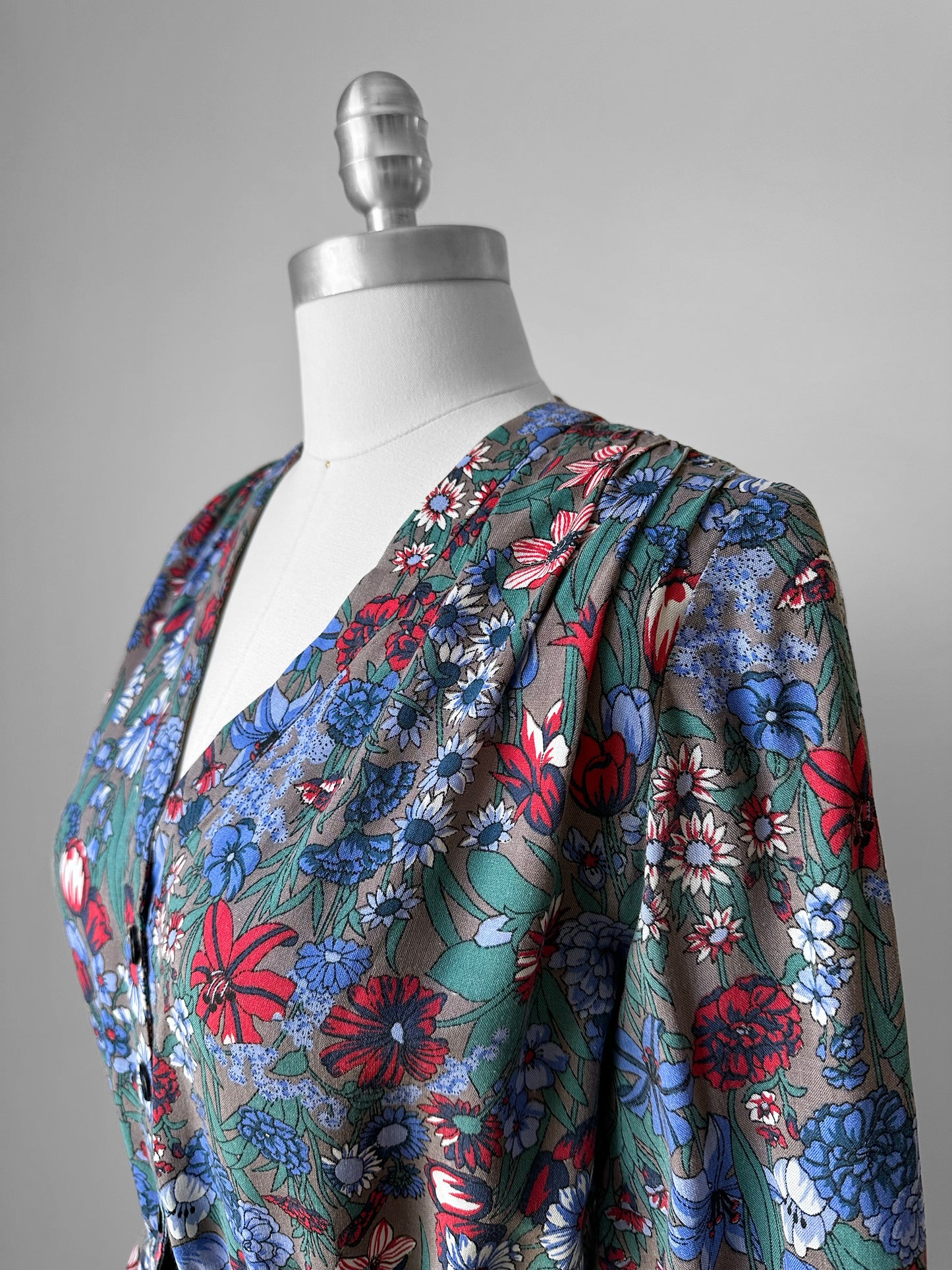 1960s Blue Red Floral Button Front Cotton Dress - Sz. Sm