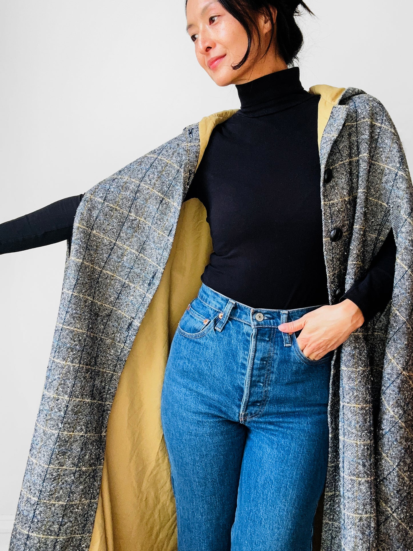 1960s Grey Plaid Hooded Cape Coat - Sz. O/S