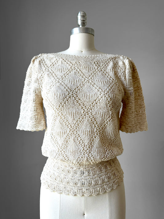 1970s - 1980s Light Oatmeal Scalloped Trim Knit - Sz. Sm