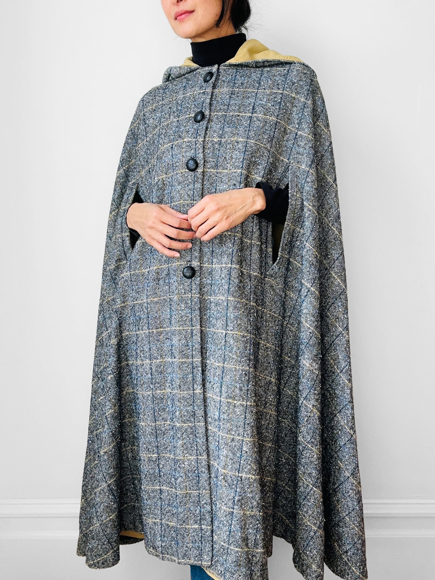 1960s Grey Plaid Hooded Cape Coat - Sz. O/S