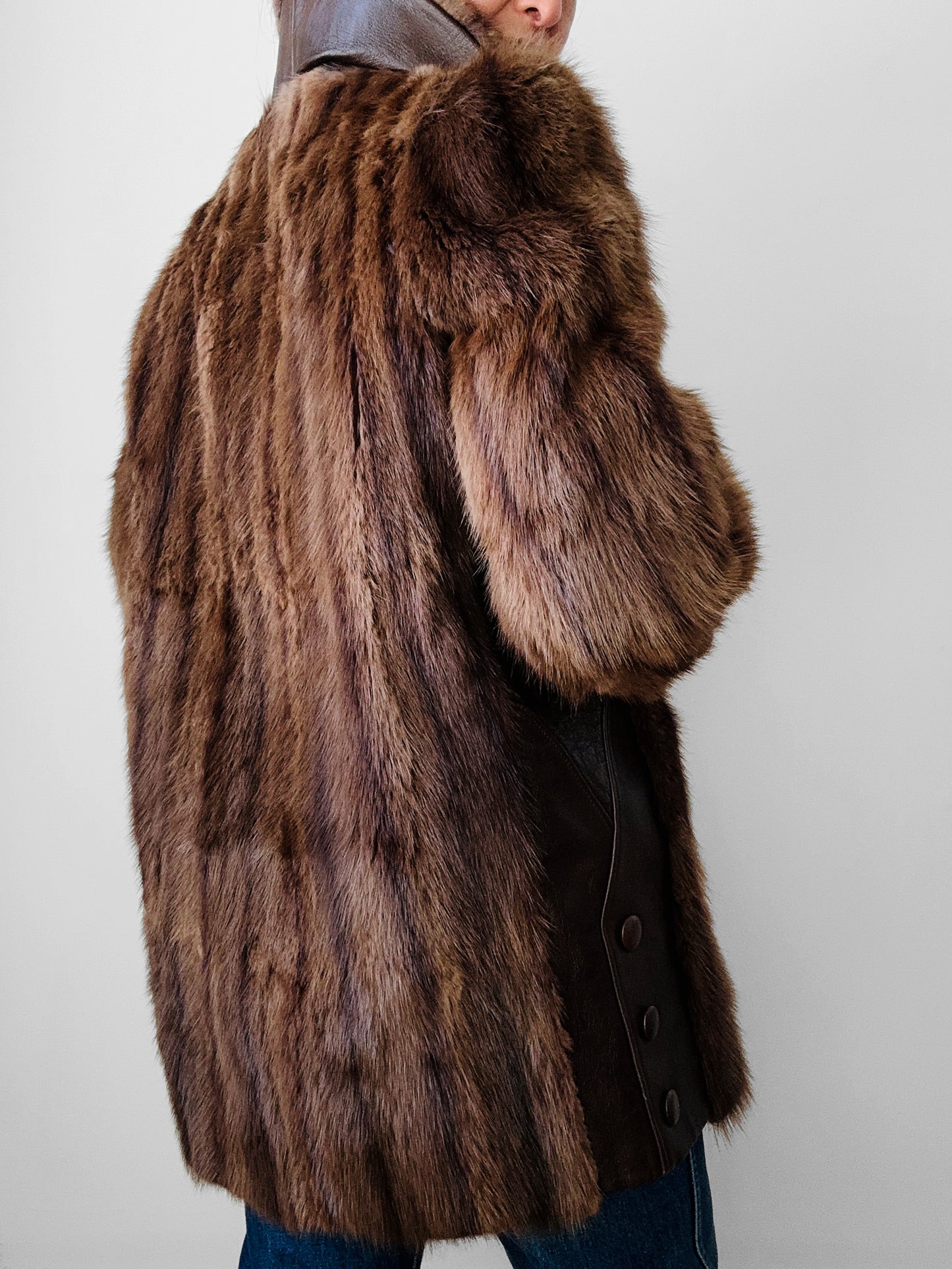 Vintage 1960s - 1970s Brown Belted Cape Back Leather and Fur Jacket - Sz. S/M