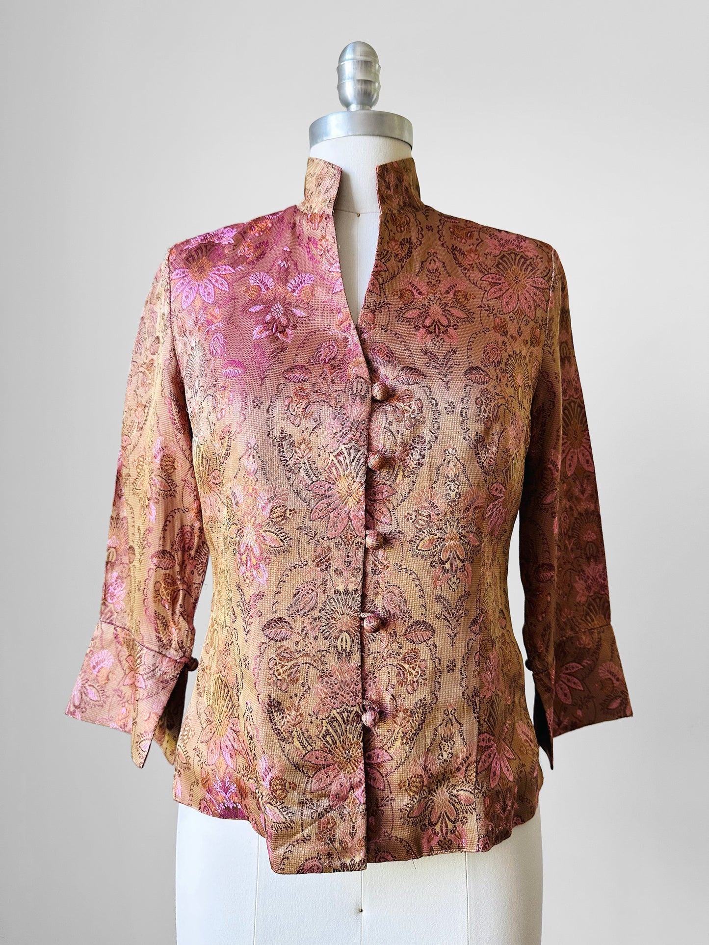 1990s Fitted Button Front European Silk Brocade Top- Sz. XS/S
