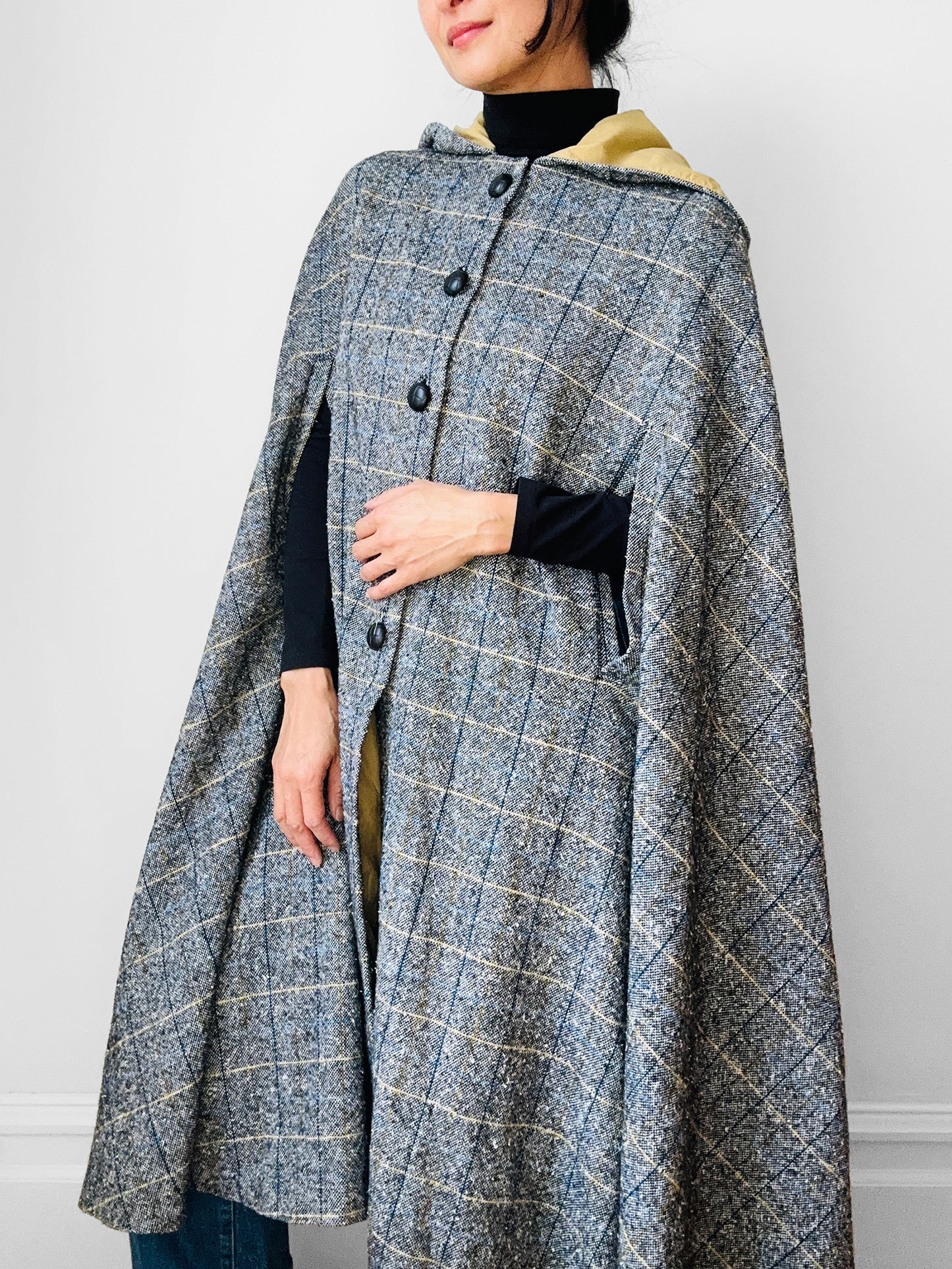 1960s Grey Plaid Hooded Cape Coat - Sz. O/S