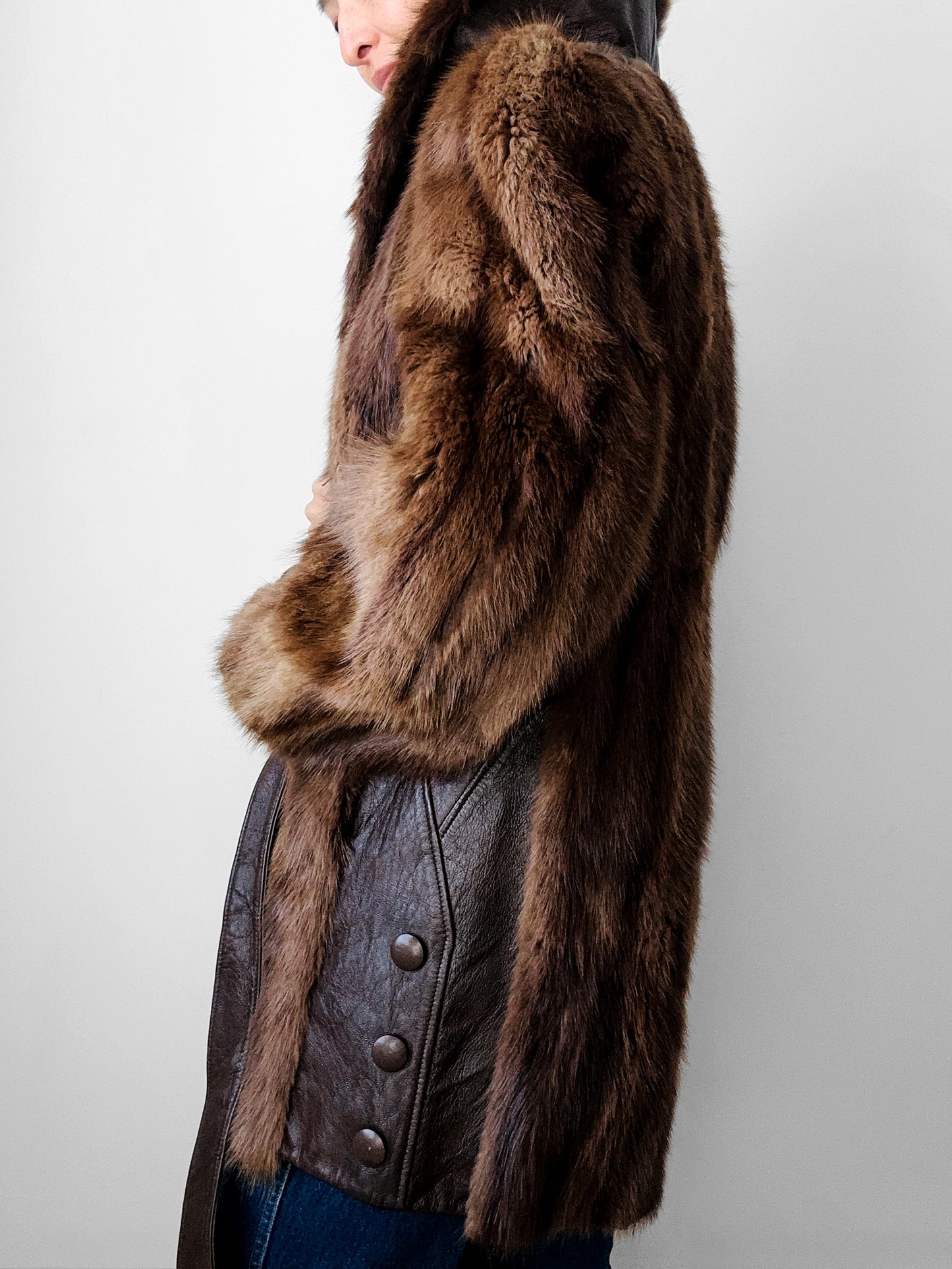 Vintage 1960s - 1970s Brown Belted Cape Back Leather and Fur Jacket - Sz. S/M