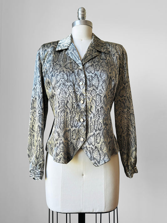 1990s Tapered Short Waisted Snakeskin Patterned Blouse  - Sz. Sm