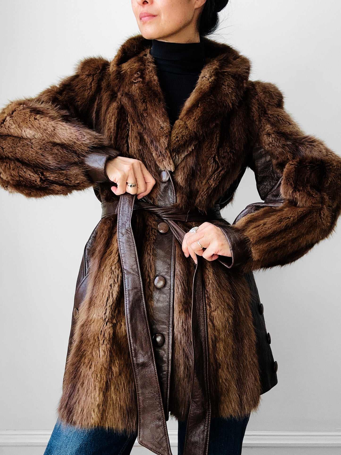 Vintage 1960s - 1970s Brown Belted Cape Back Leather and Fur Jacket - Sz. S/M