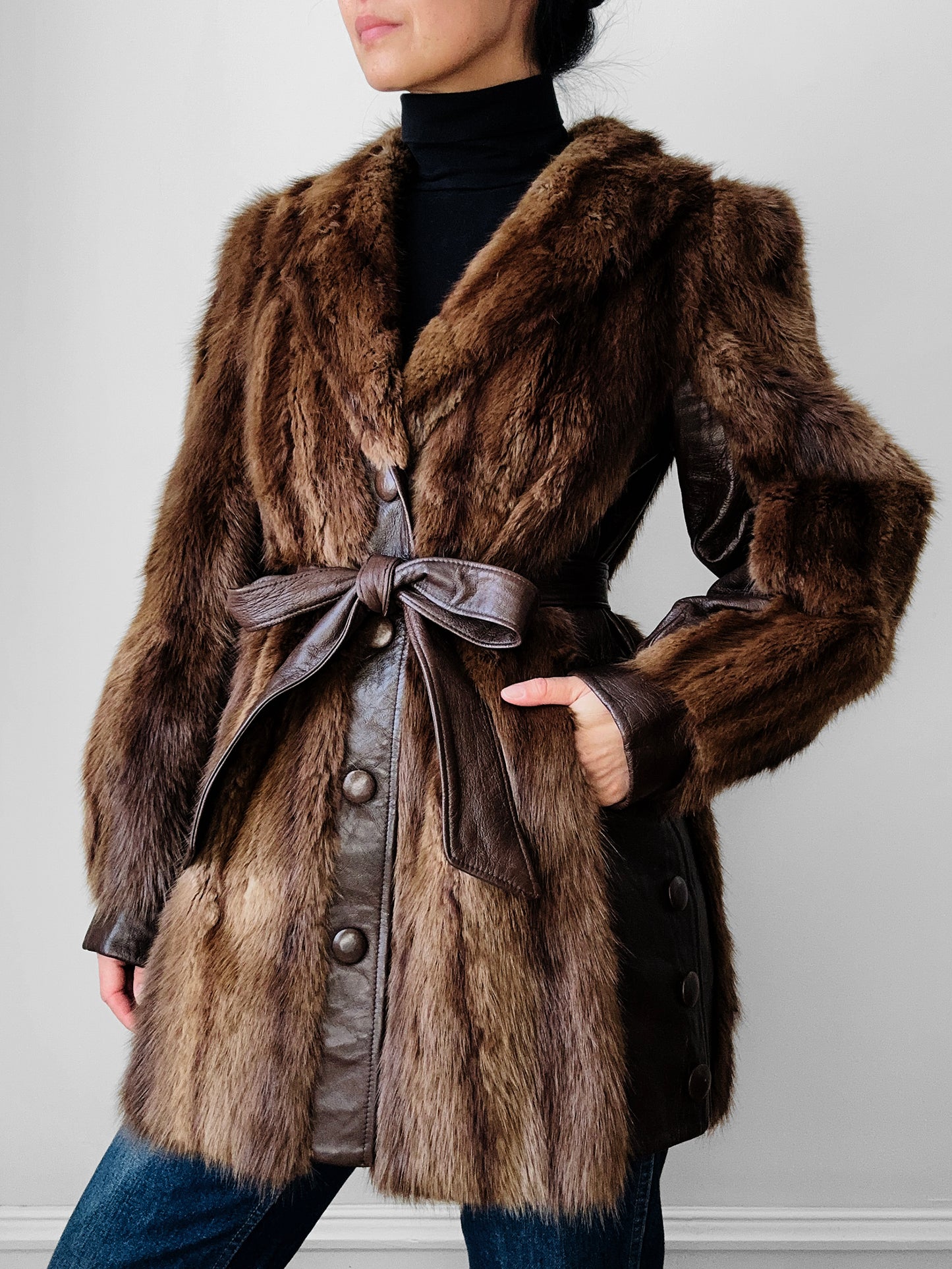 Vintage 1960s - 1970s Brown Belted Cape Back Leather and Fur Jacket - Sz. S/M