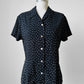 1990s Black Patterned Short Sleeve Tapered Blouse - Sz. Sm
