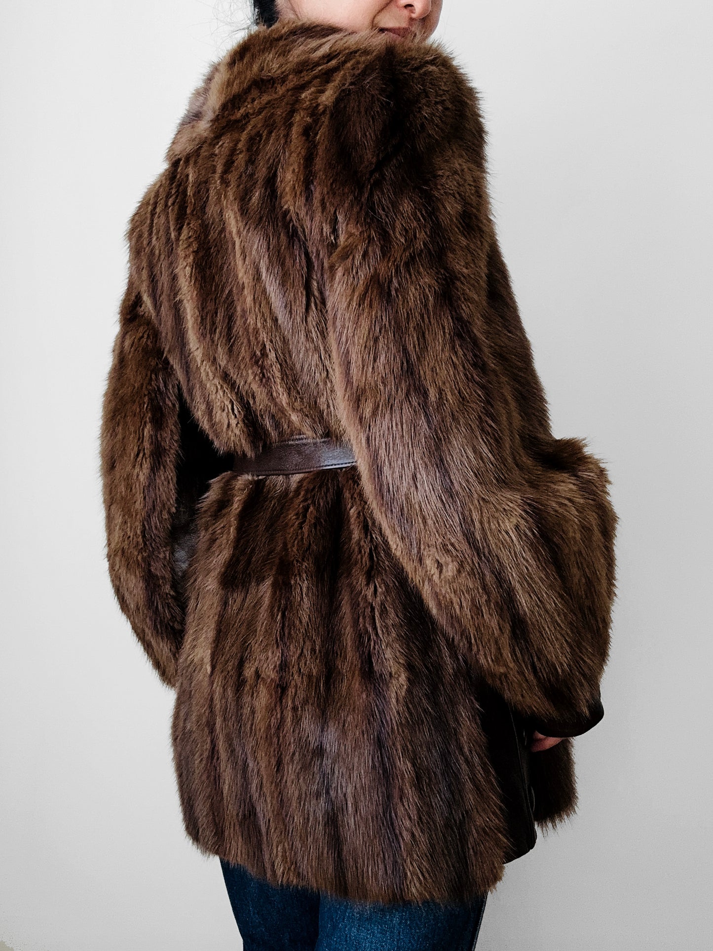 Vintage 1960s - 1970s Brown Belted Cape Back Leather and Fur Jacket - Sz. S/M