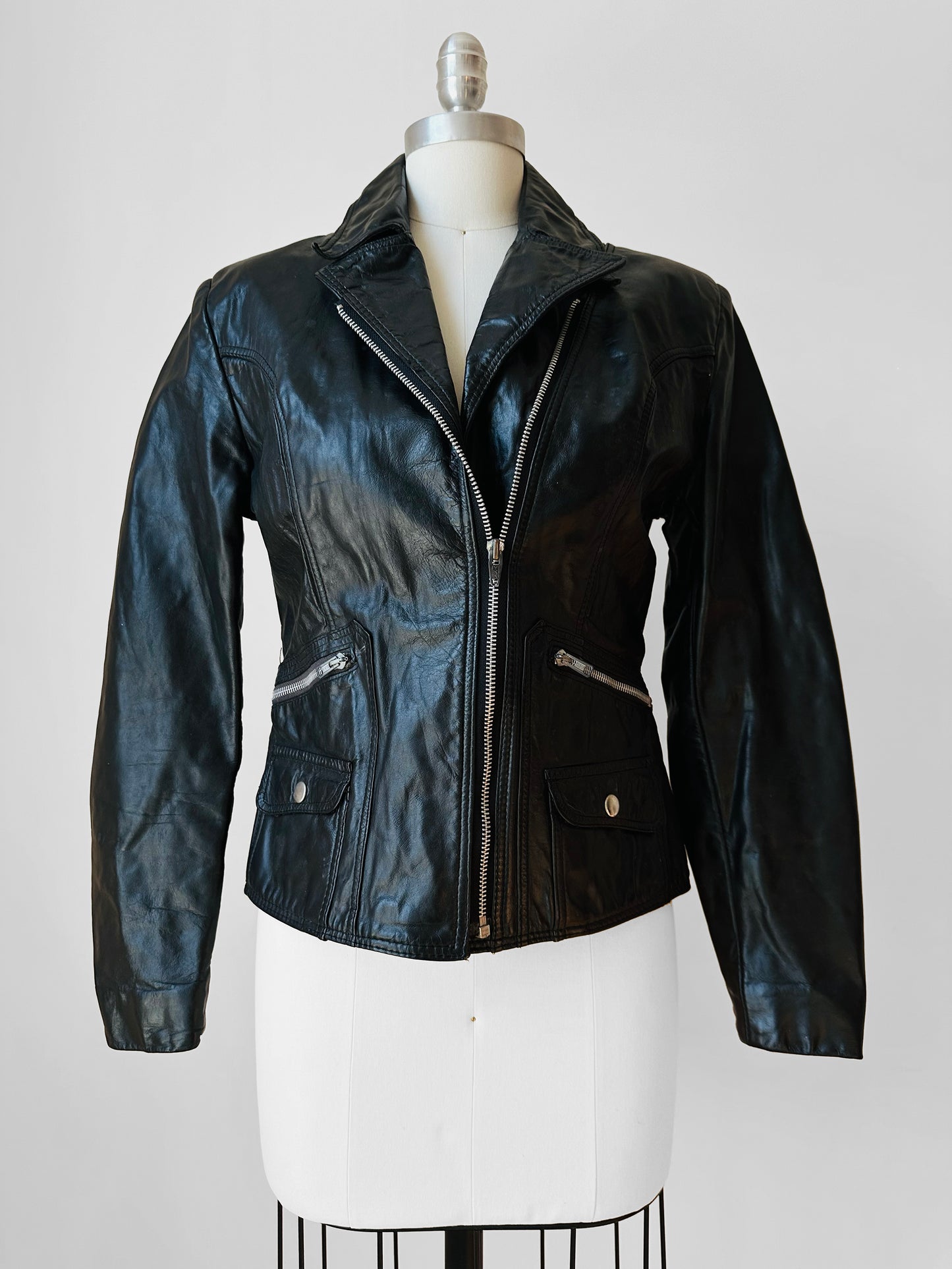 1970s - 1980s Black Asymmetrical Zippered Leather Biker Jacket - Sz. S