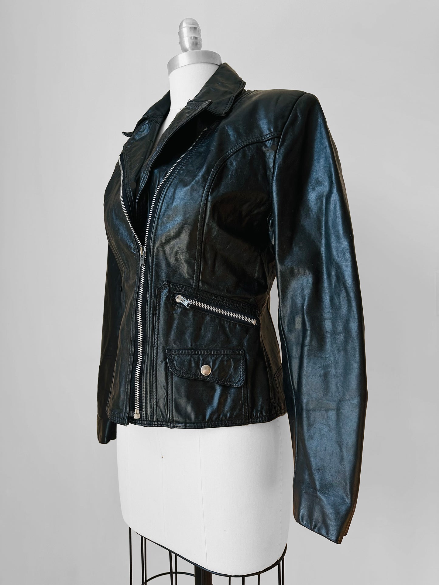 1970s - 1980s Black Asymmetrical Zippered Leather Biker Jacket - Sz. S