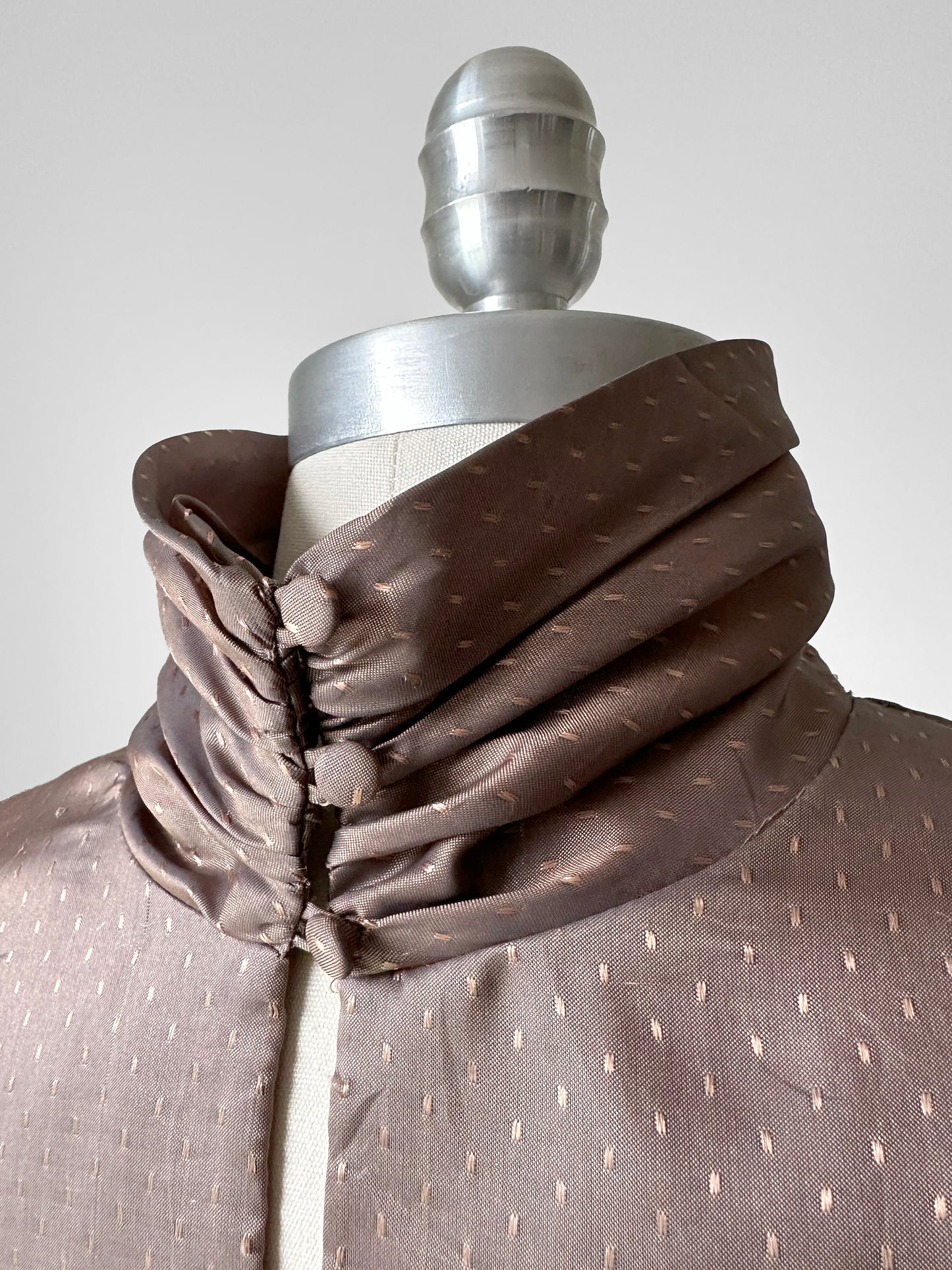 1980s Taupe Ruched Neck Dotted Metallic Blouse - Sz. M