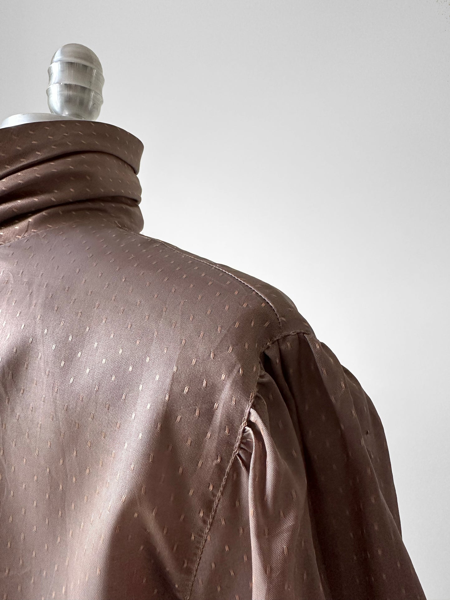 1980s Taupe Ruched Neck Dotted Metallic Blouse - Sz. M