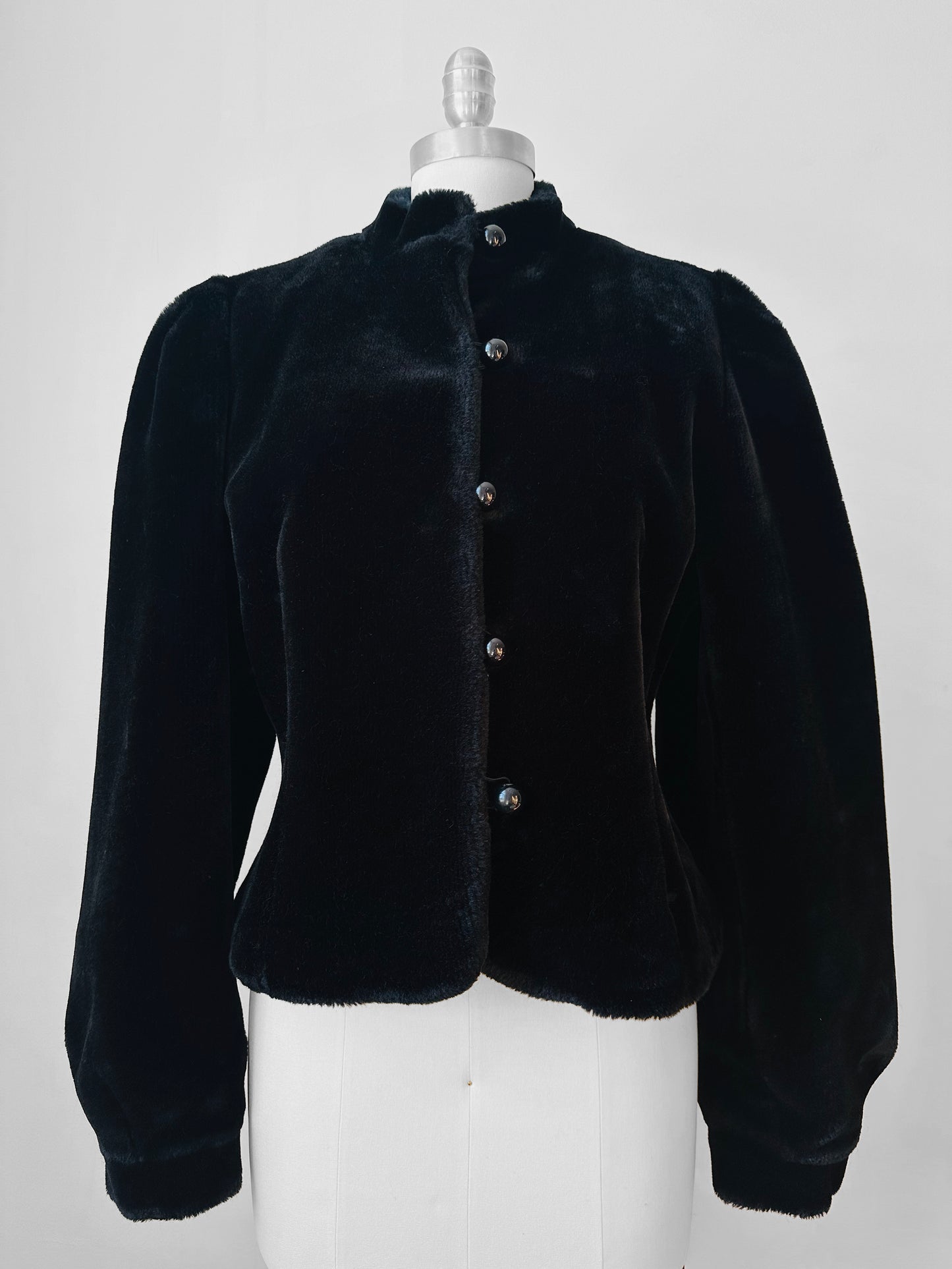 1980s Black Faux Fur Short Waisted Tapered Waist Jacket - Sz. M