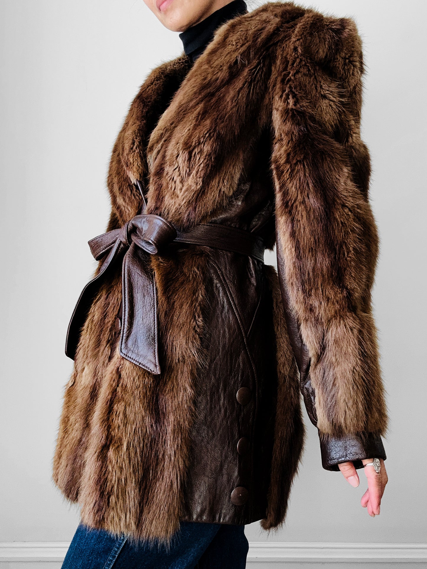 Vintage 1960s - 1970s Brown Belted Cape Back Leather and Fur Jacket - Sz. S/M