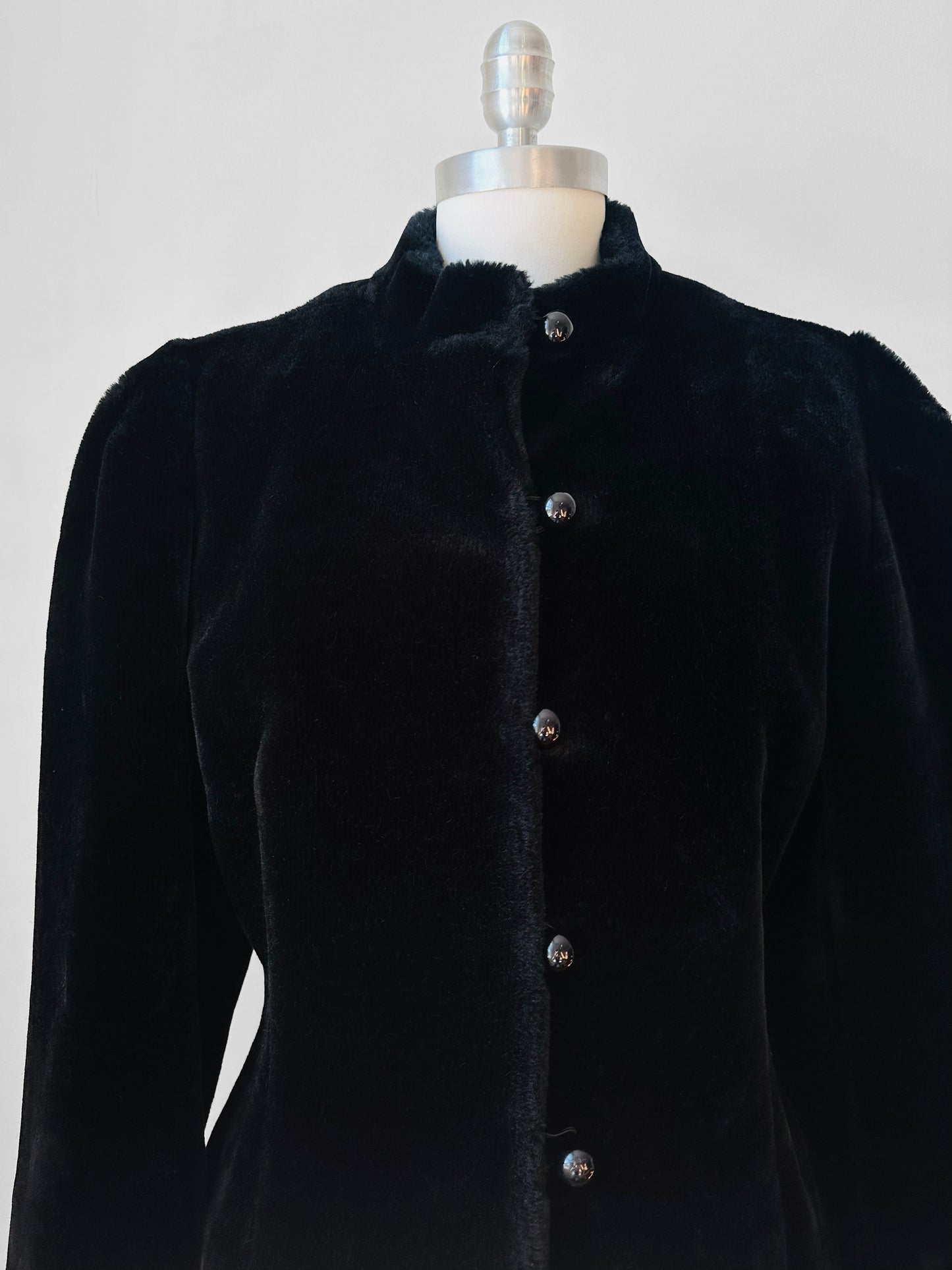 1980s Black Faux Fur Short Waisted Tapered Waist Jacket - Sz. M