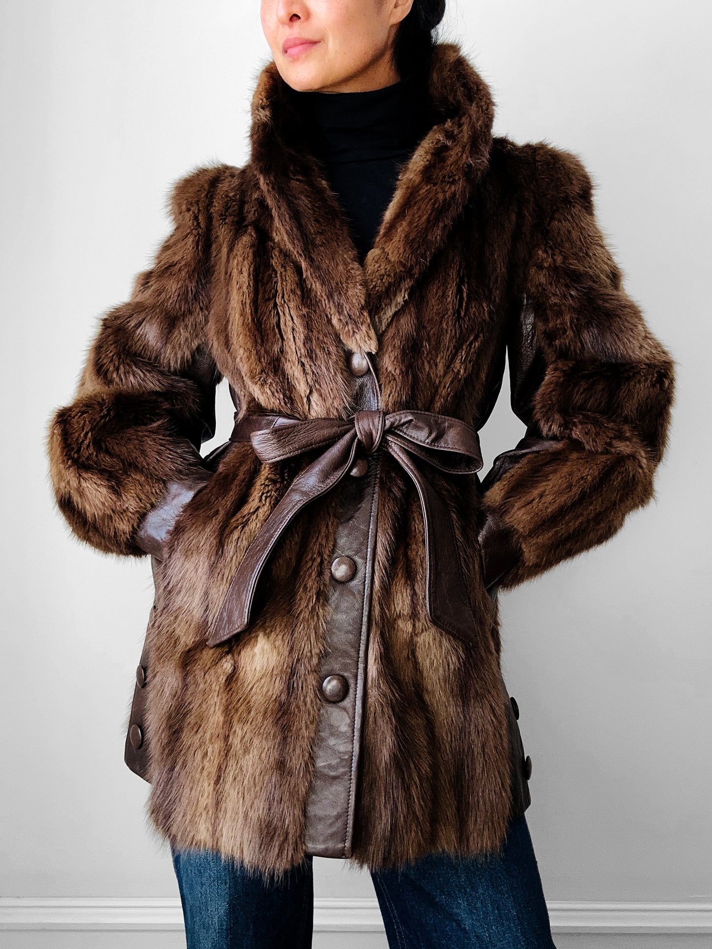 Vintage 1960s - 1970s Brown Belted Cape Back Leather and Fur Jacket - Sz. S/M