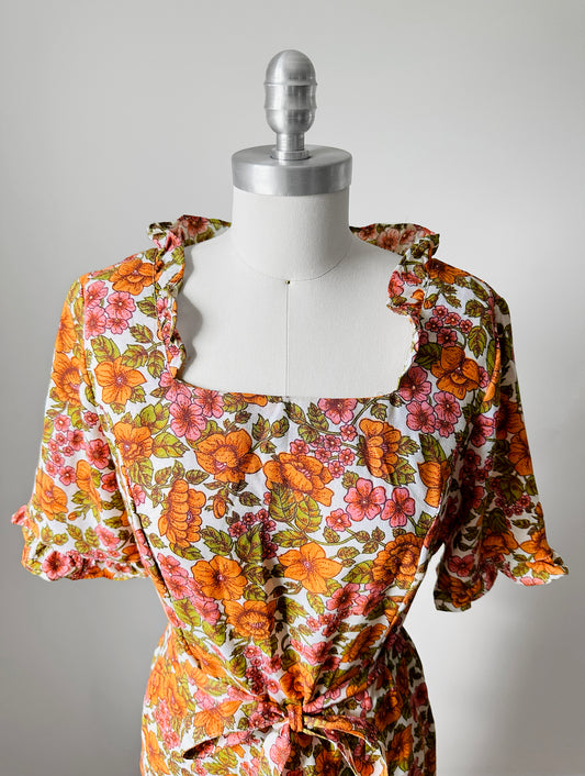 1960s - 1970s Ruffle Trim Floral Belted Summer Dress - Sz. S/M