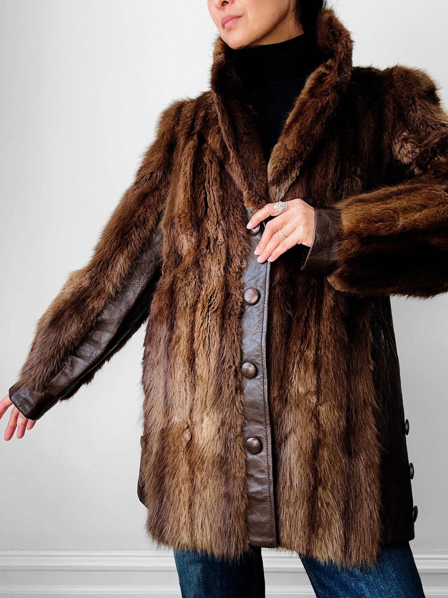 Vintage 1960s - 1970s Brown Belted Cape Back Leather and Fur Jacket - Sz. S/M