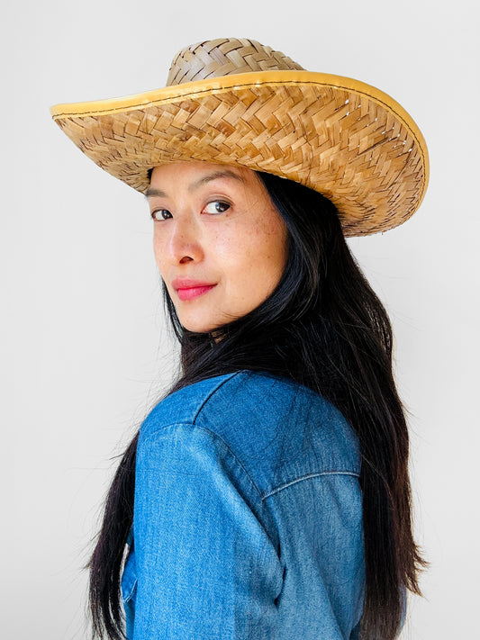 1970s Wide-Brimmed Straw Woven Western Style Summer Sun Hat