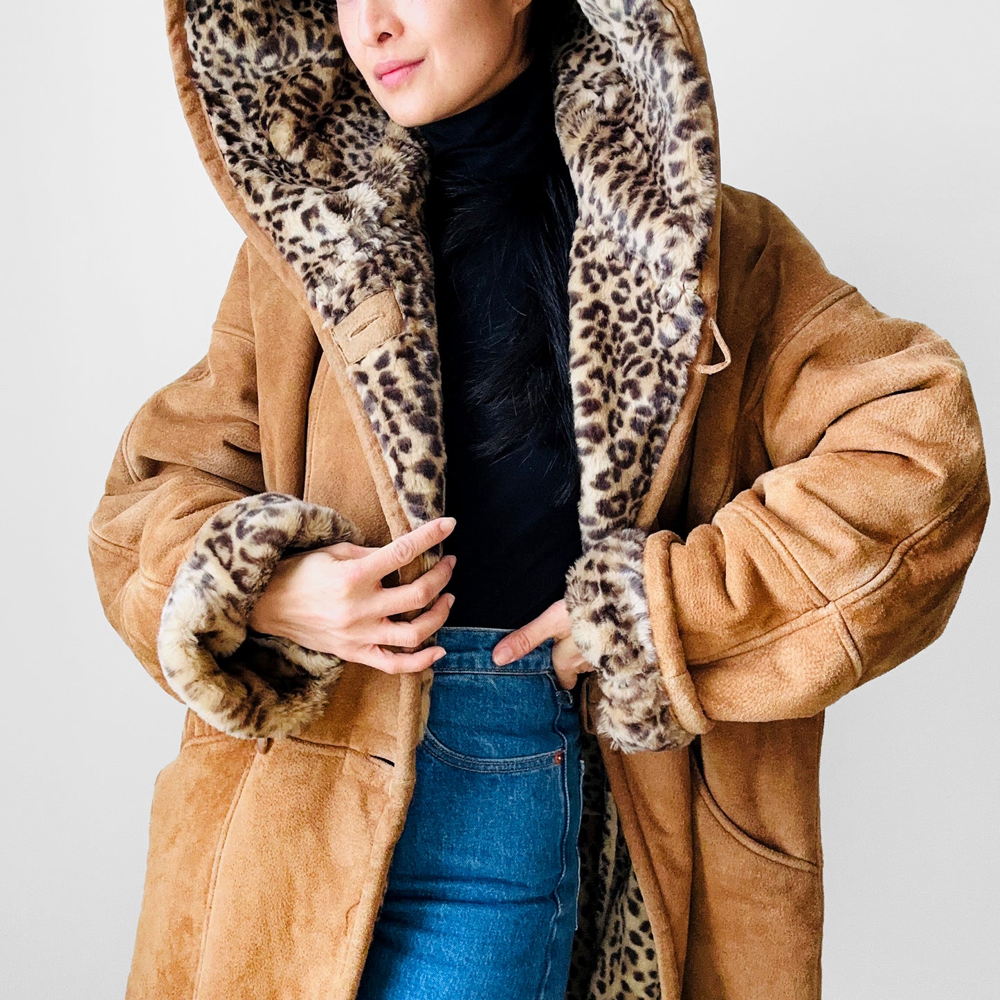 1980s Daniel Hechter Tan Suede and Faux Fur Leopard Print Hooded Jacket - Sz. M/L