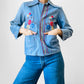 1970s Blue Snap Button Wide Lapel Floral Embroidered Jean Shirt - XXS / XS