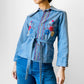 1970s Blue Snap Button Wide Lapel Floral Embroidered Jean Shirt - XXS / XS