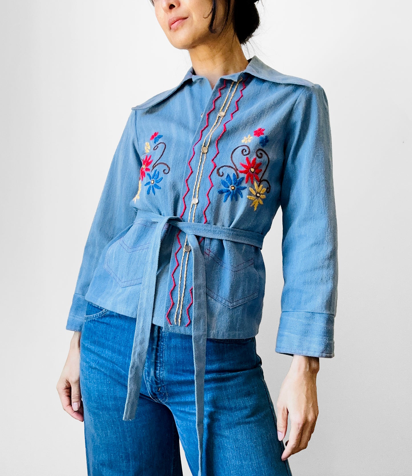 1970s Blue Snap Button Wide Lapel Floral Embroidered Jean Shirt - XXS / XS