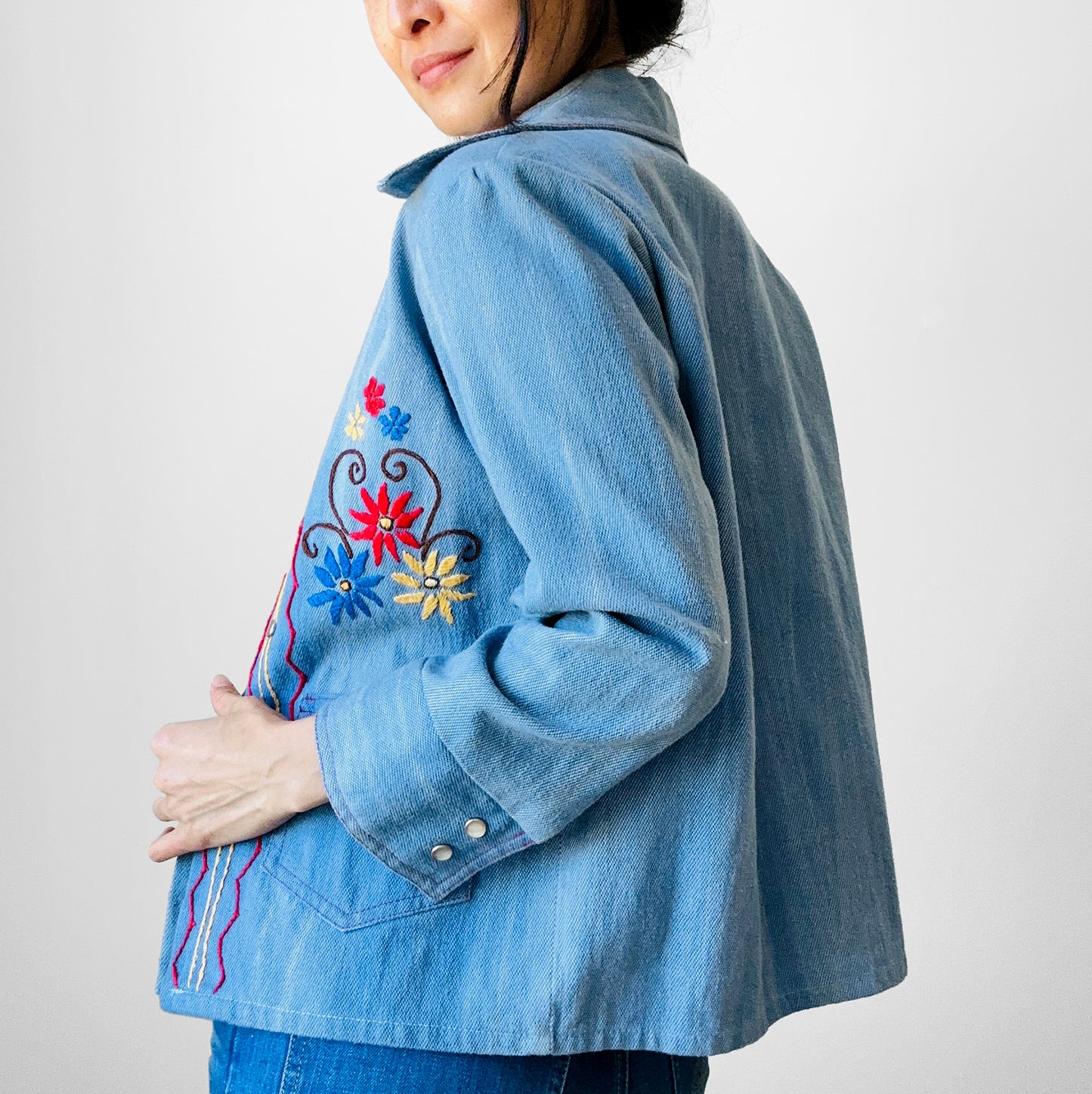 1970s Blue Snap Button Wide Lapel Floral Embroidered Jean Shirt - XXS / XS