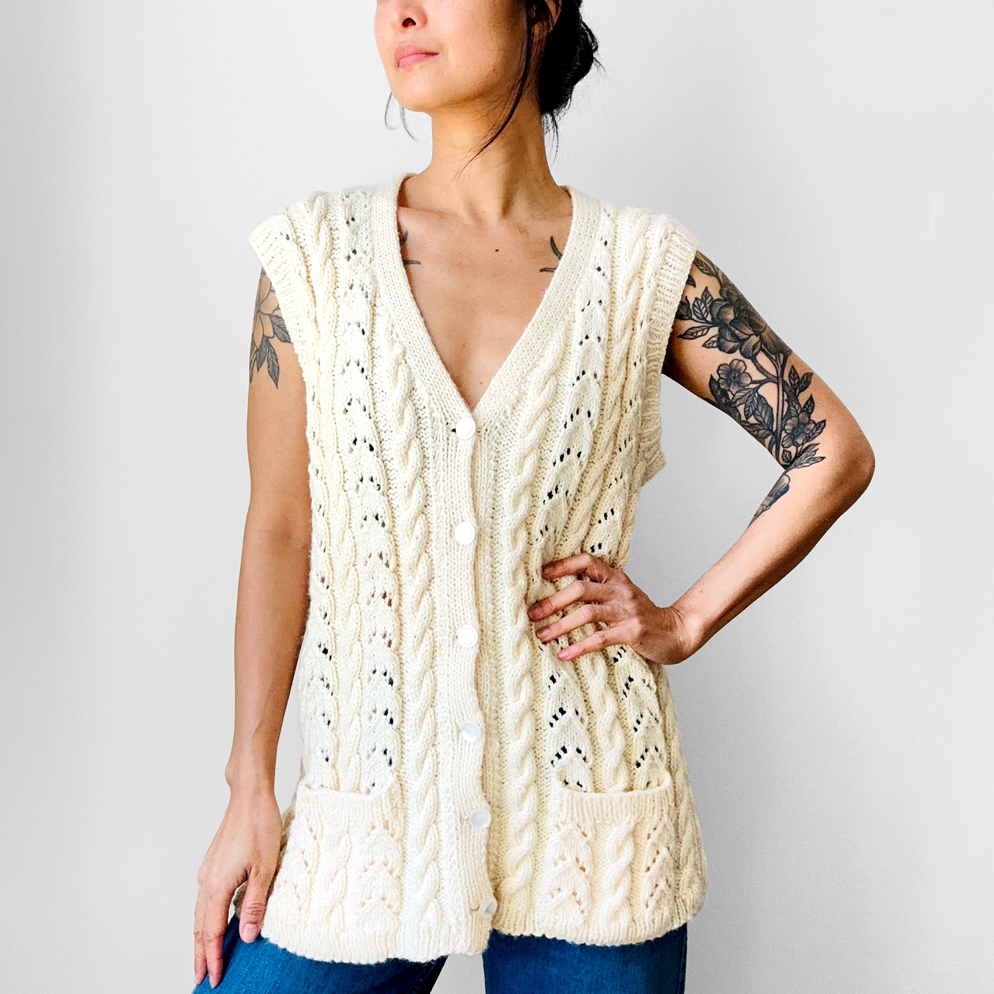 1970s Soft Butter Cream Cable Knit Cotton Blend Knit Vest - Sz. S/M