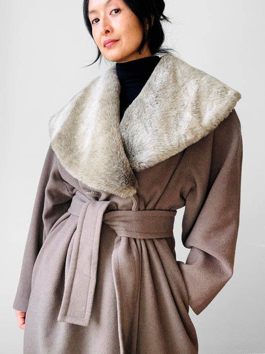 1980s Taupe Faux Fur Collared PARIS Wool Cashmere Belted Coat - Sz. M/L