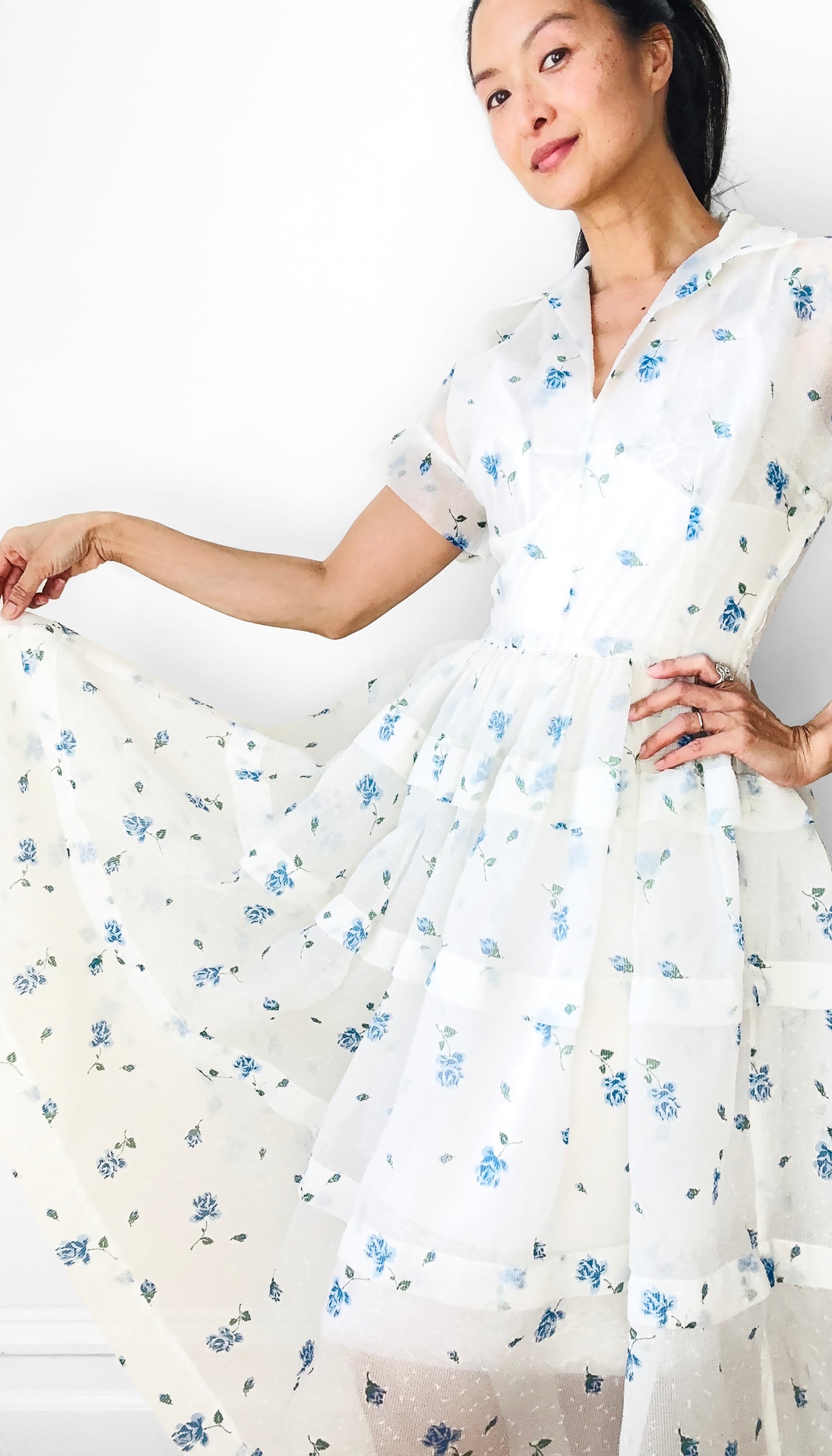 Vintage 1950s - 1960s Handmade White and Blue Sheer Crinoline Floral Tiered Dress - Sz. S