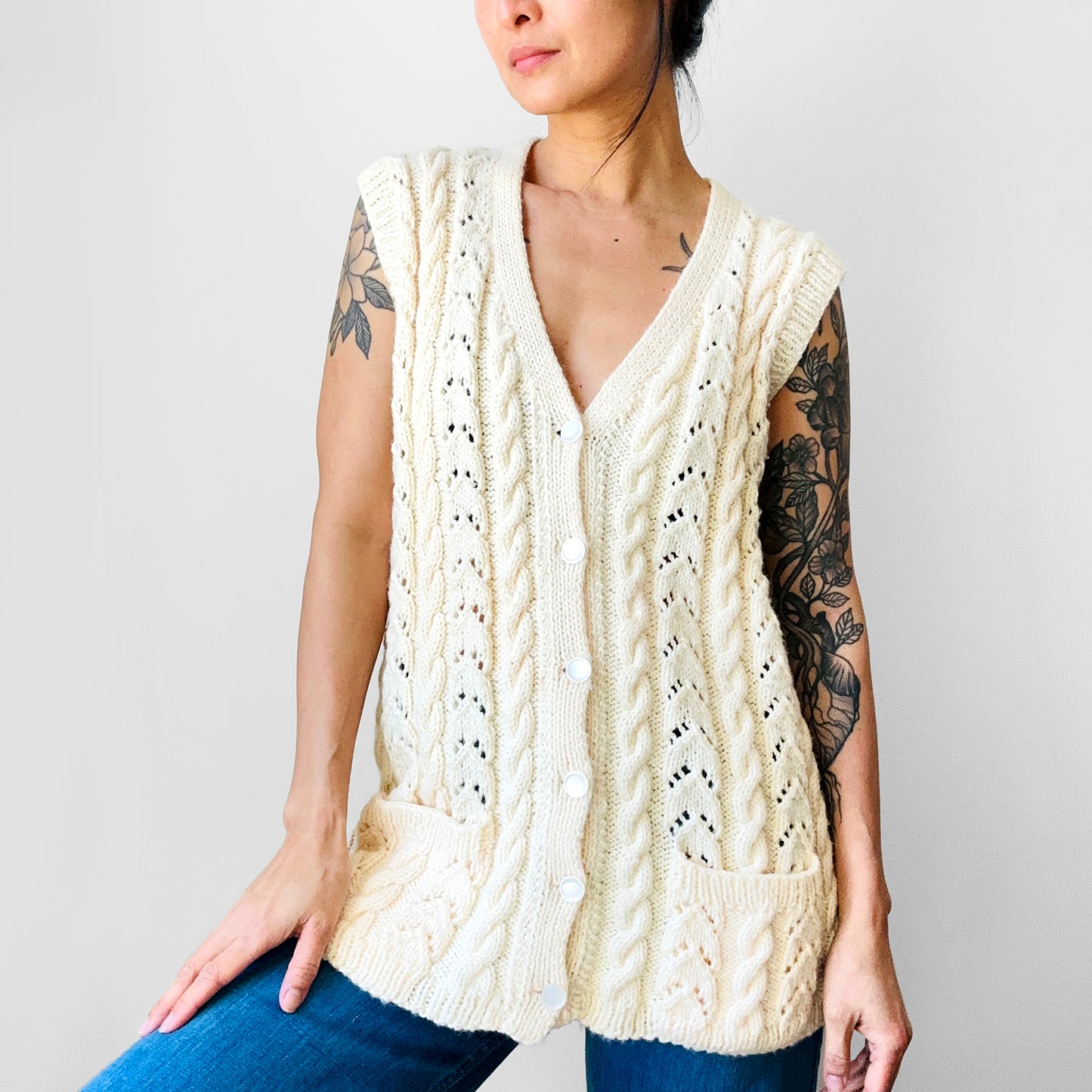 1970s Soft Butter Cream Cable Knit Cotton Blend Knit Vest - Sz. S/M