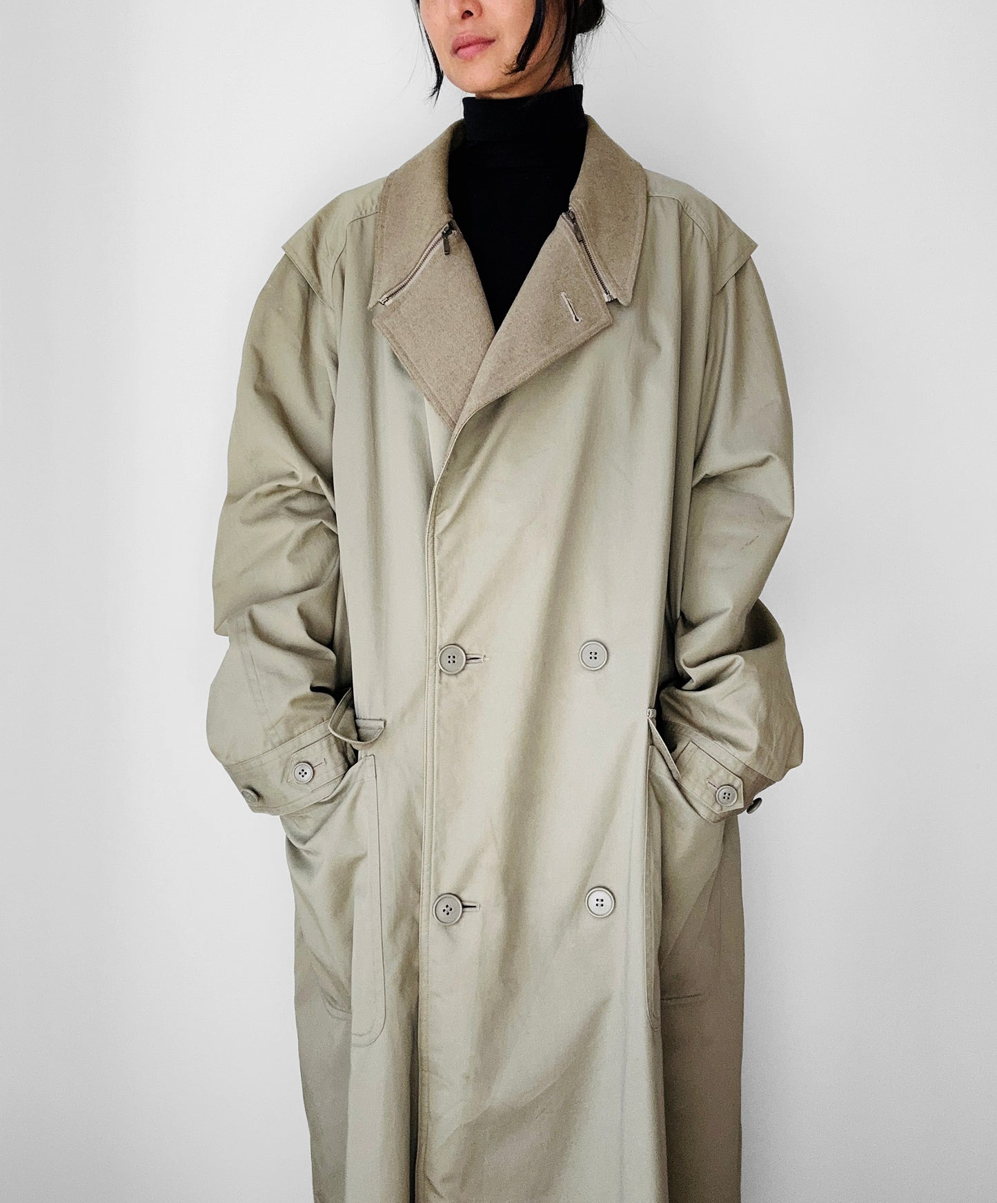 1980s - 1990s Tan Wool-Lined Relaxed Trench-Style Fall Duster