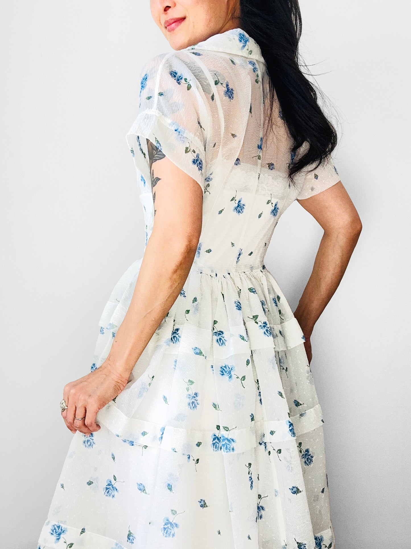 Vintage 1950s - 1960s Handmade White and Blue Sheer Crinoline Floral Tiered Dress - Sz. S