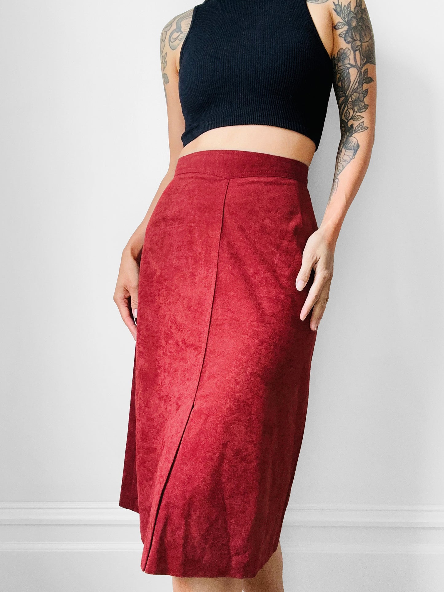 1970s Rust Red A-line Split Front Micro Suede Skirt - Sz. Sm