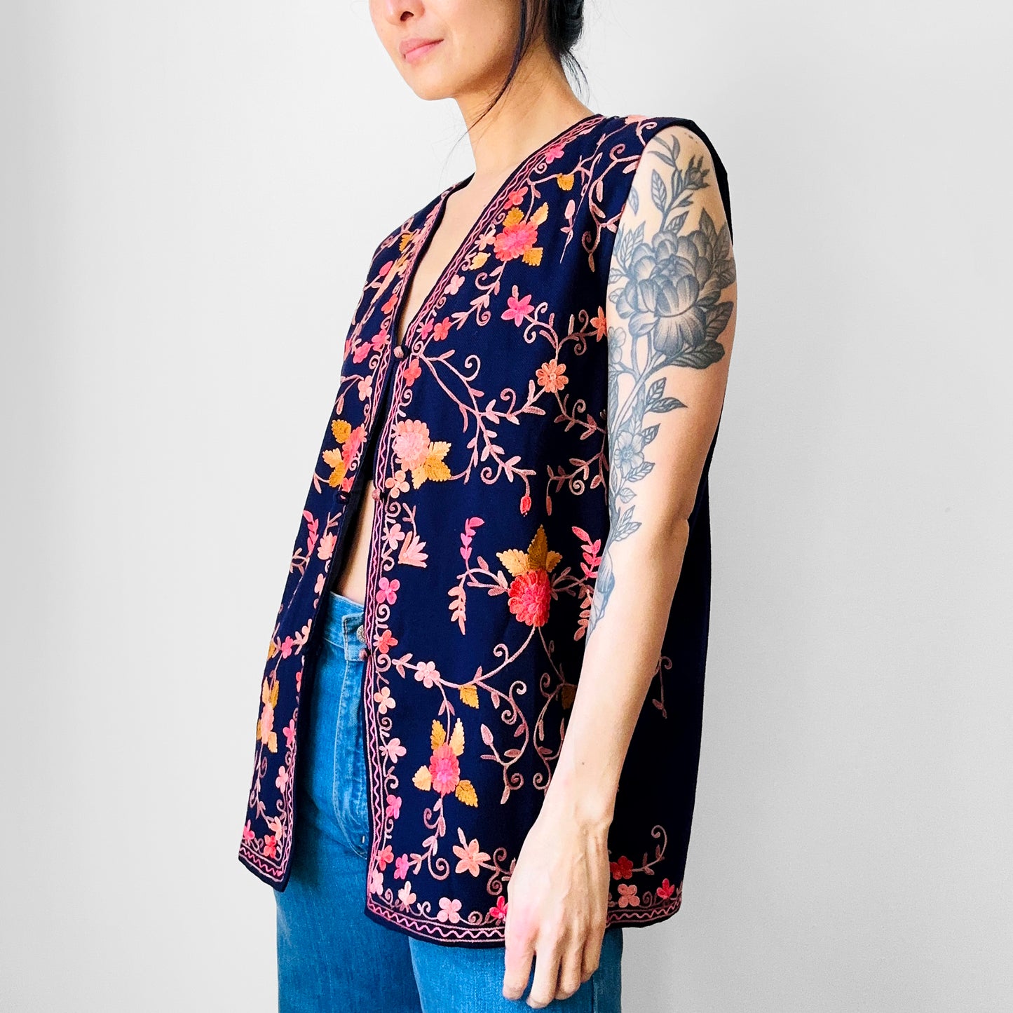 1970s Eggplant Floral Embroidered Wool Vest - Sz. M