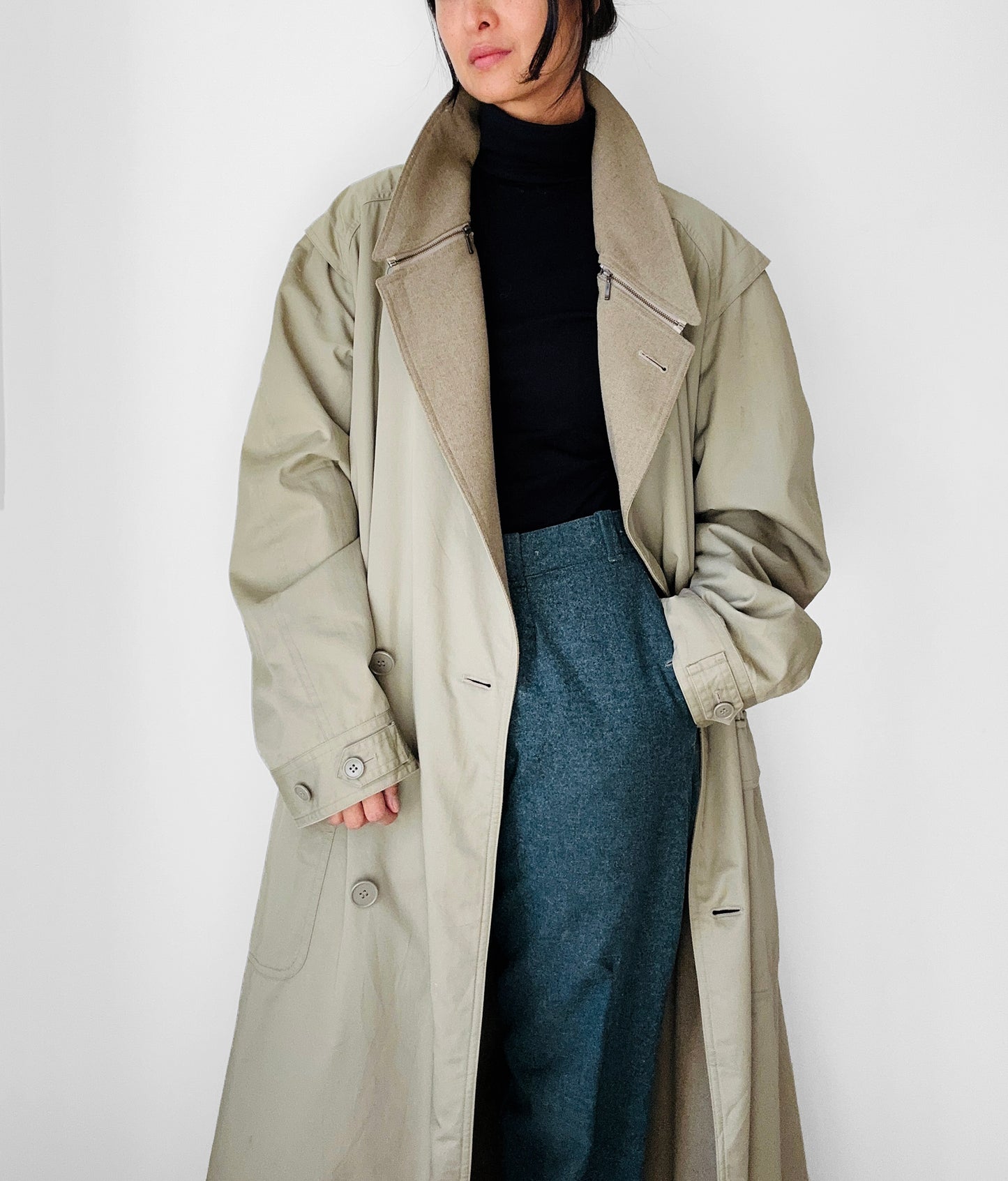 1980s - 1990s Tan Wool-Lined Relaxed Trench-Style Fall Duster