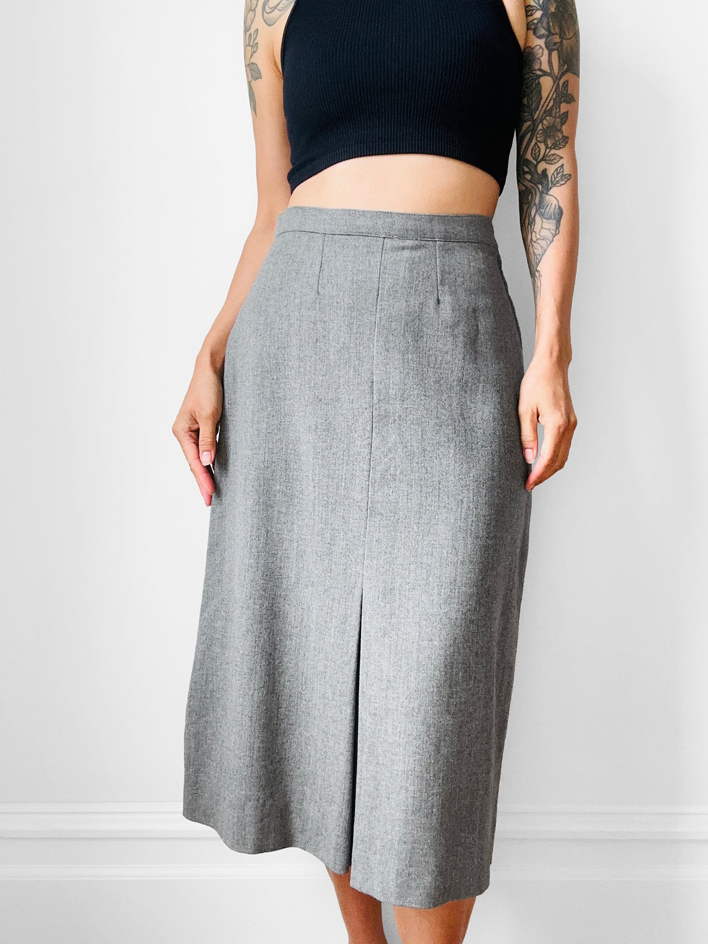 1960s Grey A-line Split Front Wool Skirt - Sz. Sm