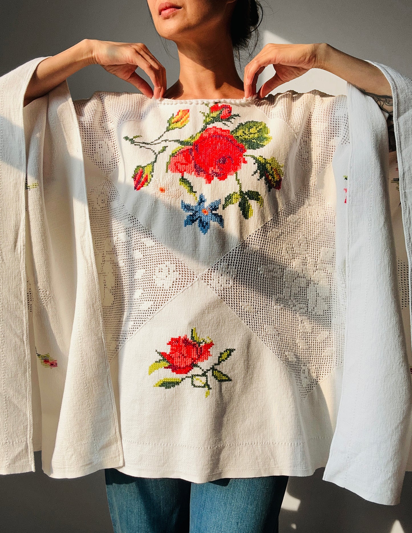 Reworked White Cross Stitch Cotton Tablecloth Top -  Sz. S/M