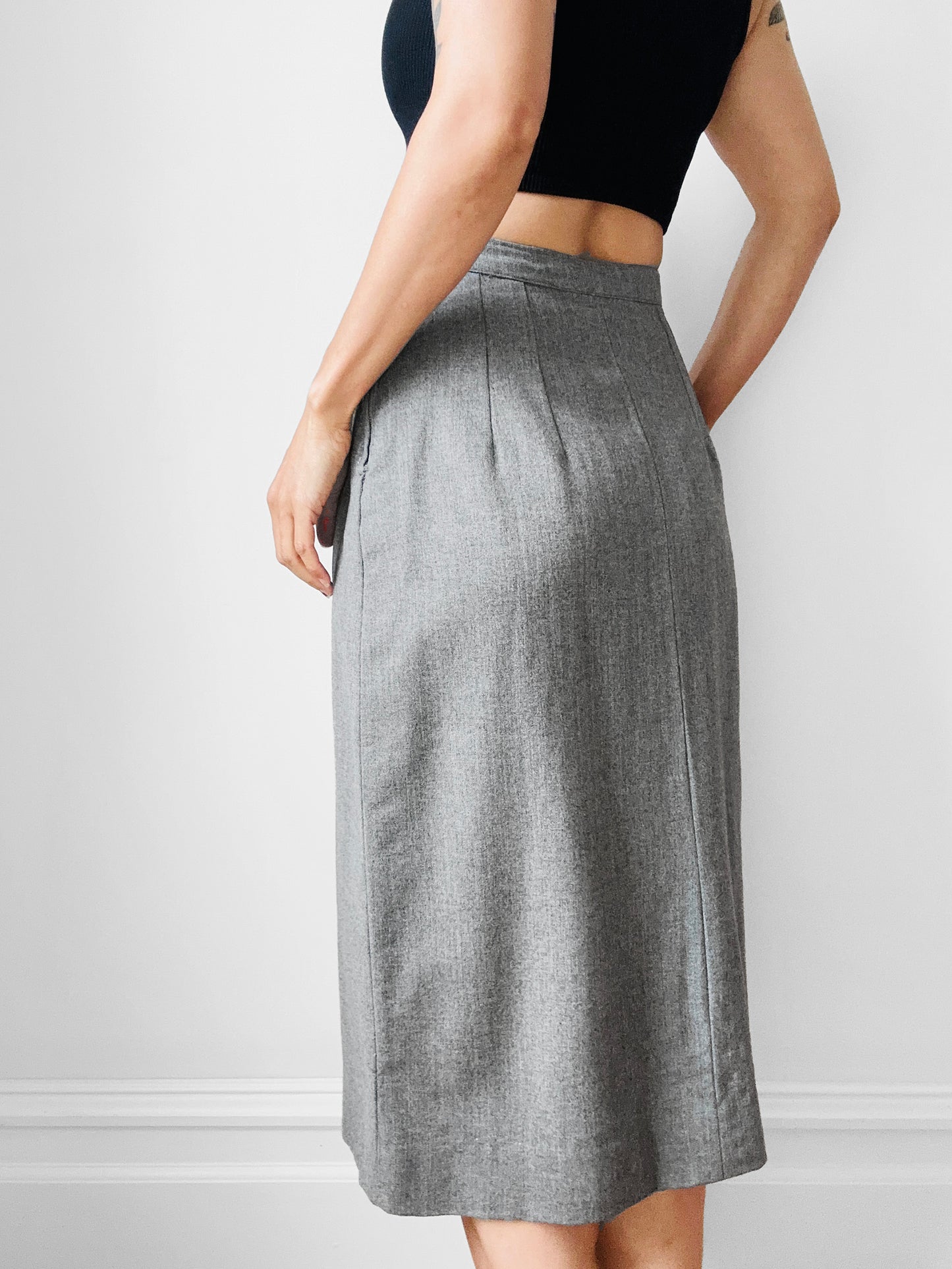 1960s Grey A-line Split Front Wool Skirt - Sz. Sm