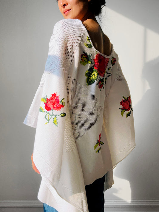 Reworked White Cross Stitch Cotton Tablecloth Top -  Sz. S/M